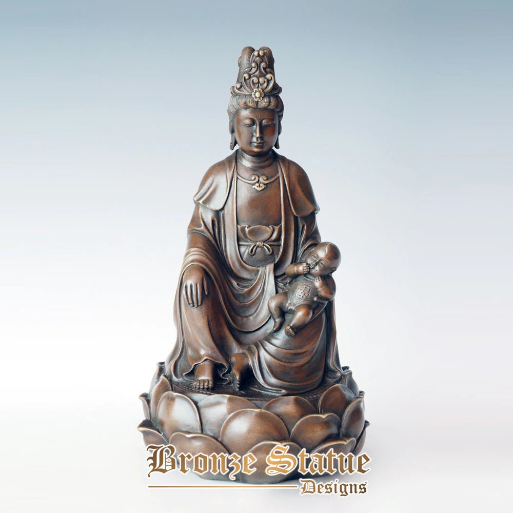 Bronze guan yin avaloktesvara enviando uma estátua de criança escultura budismo tibetano arte de buda decoração para casa