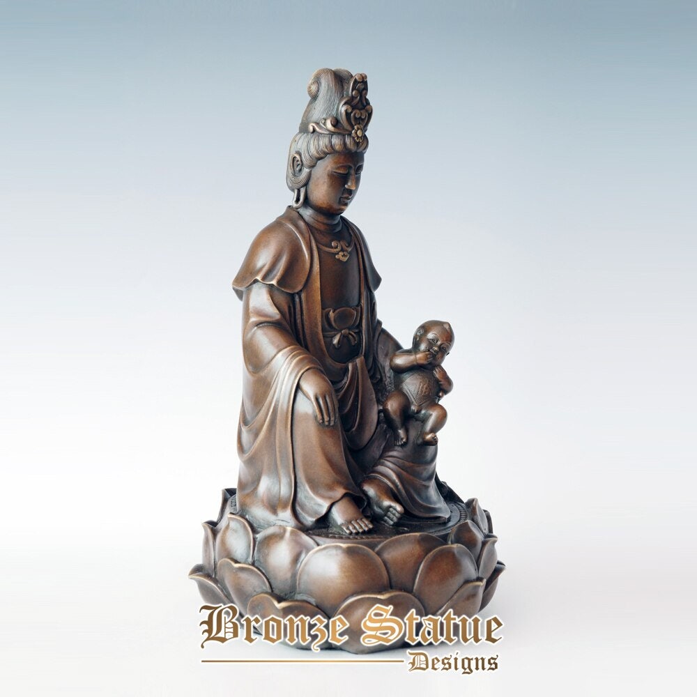 Bronze guan yin avaloktesvara enviando uma estátua de criança escultura budismo tibetano arte de buda decoração para casa