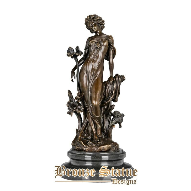 Flower goddess bronze sculpture pretty woman female statue antique brass figurine art home decor anniversary gift