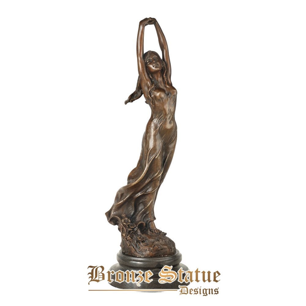 Dressed pretty girl bronze statue maiden feel the spring female sculpture figurine for living room decoration