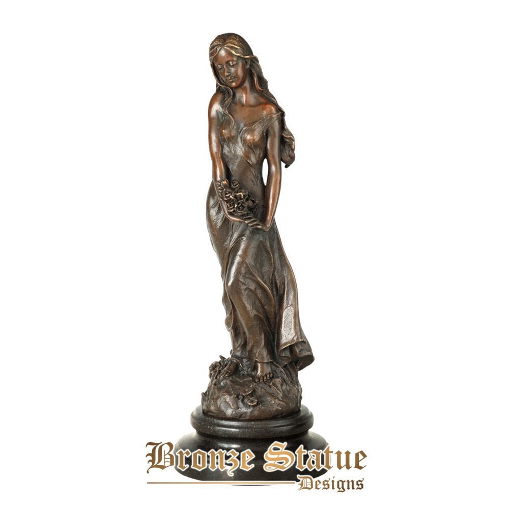 Pretty girl with flowers sculpture bronze female statue vintage metal art figurine for desktop decor