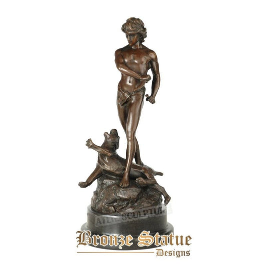 Jäger-Jagd-Löwen-Bronze-Skulptur, bloßer männlicher Jäger, Statue, Vintage-Kunst, Marmorsockel, gehobene Heimbüro-Tischdekoration