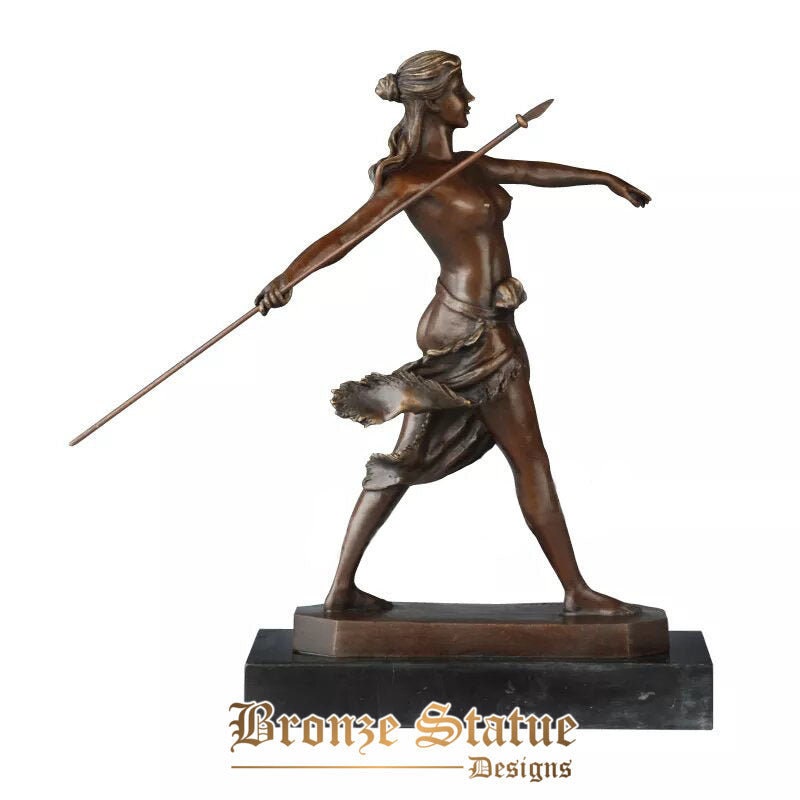 Bronze statue nude woman with spear sculpture antique naked female art marble base gorgeous decoration