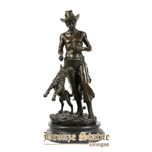Western Cowboy mit Hund Skulptur Mann Statue Hot Casting Bronze Kunstfigur Galerie Dekoration