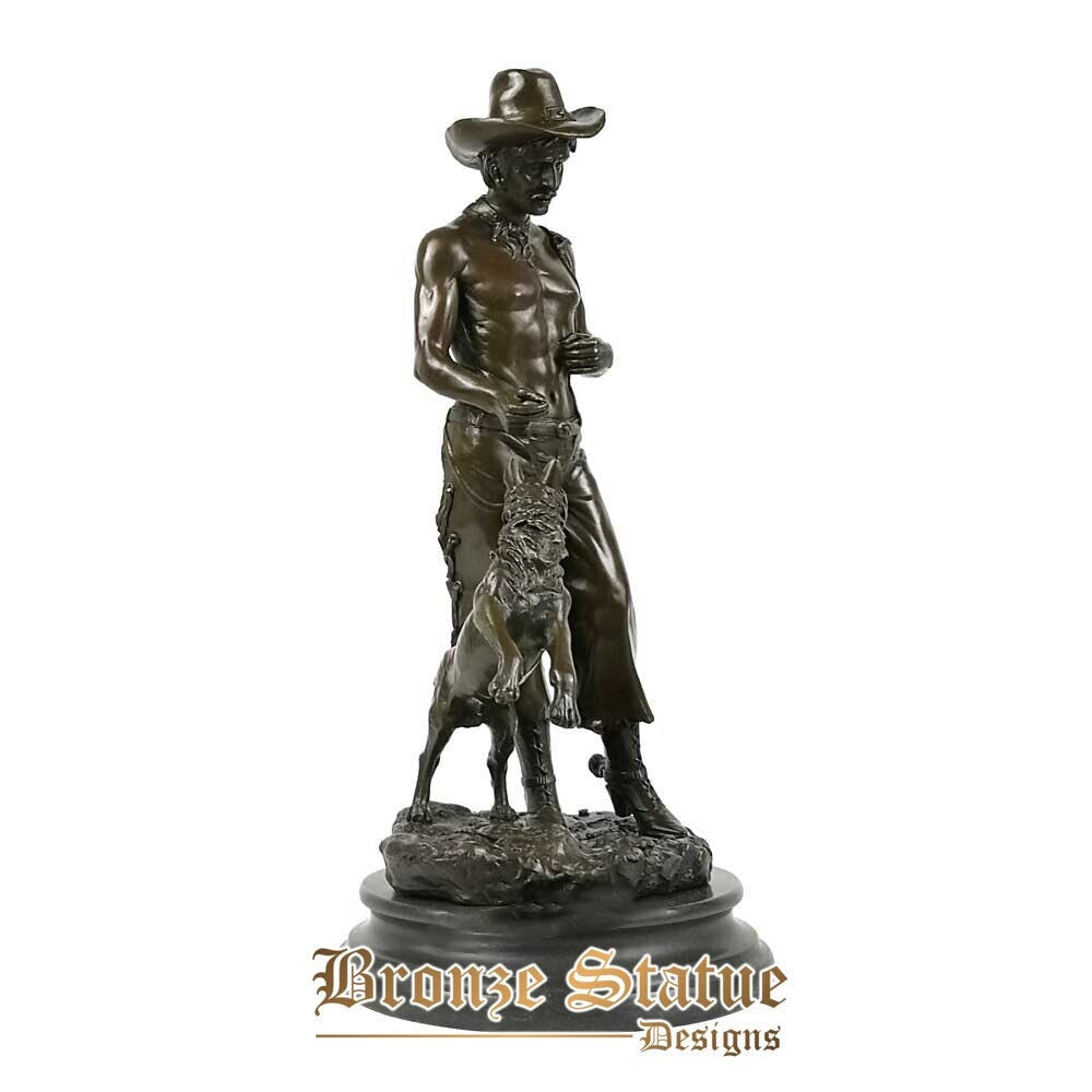 Western cowboy with dog sculpture man statue hot casting bronze art figurine gallery decoration