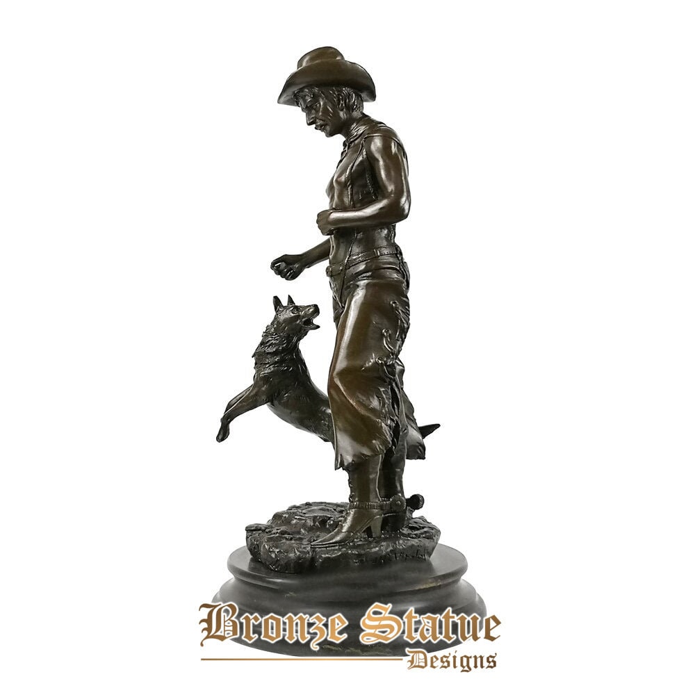 Western cowboy with dog sculpture man statue hot casting bronze art figurine gallery decoration