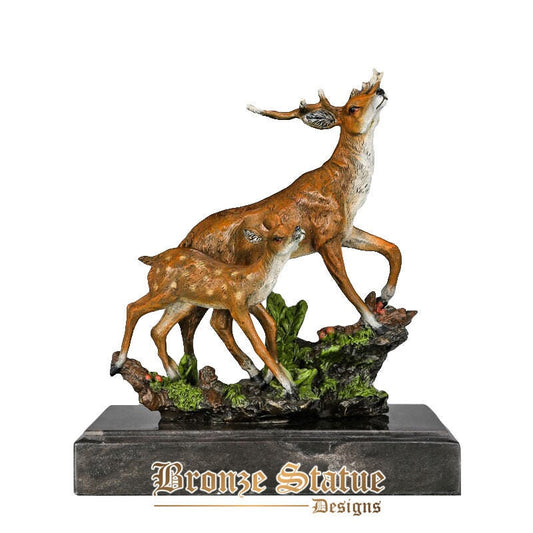 Sika deer mother and child statue sculpture animal brass figurine multicolor modern love art for office home decor