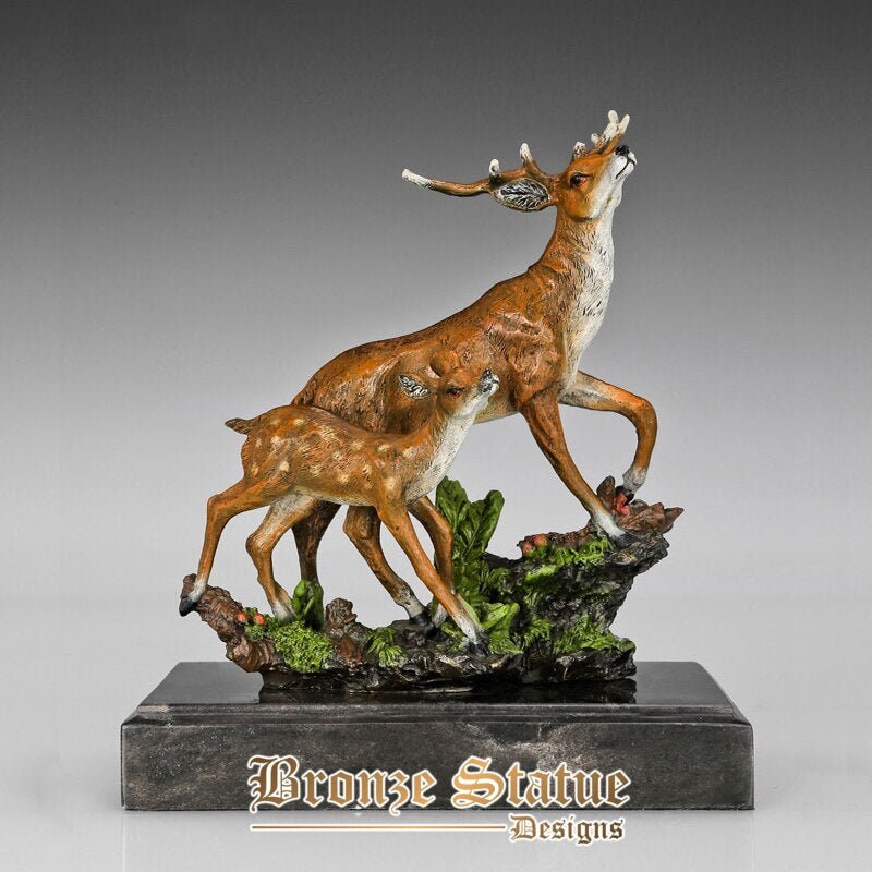 Sika deer mother and child statue sculpture animal brass figurine multicolor modern love art for office home decor