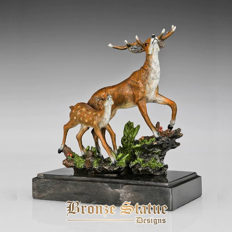 Sika deer mother and child statue sculpture animal brass figurine multicolor modern love art for office home decor