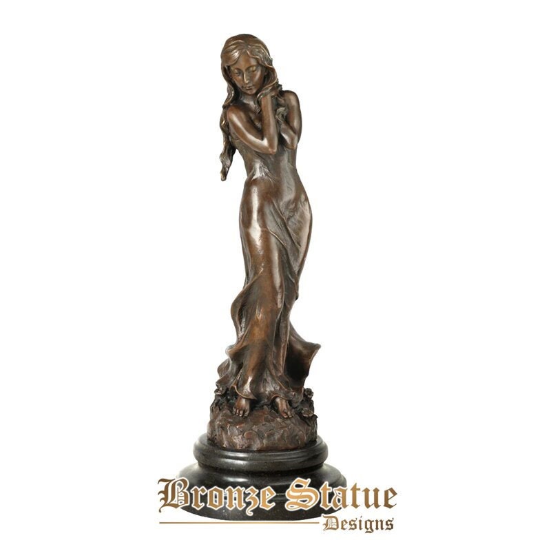 Thinking graceful young woman statue bronze material marble base western female figurine desktop decor