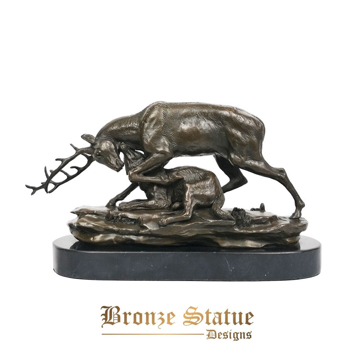 Bronze deer taken down by wolf statue figurine wildlife animal hunting sculpture art office table decor gifts
