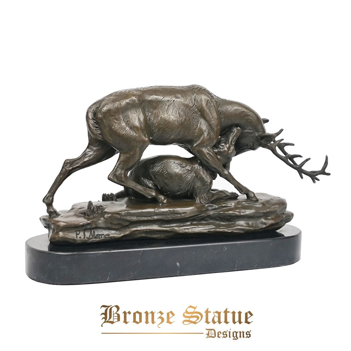 Bronzo cervo abbattuto da lupo statua figurine fauna selvatica caccia animale scultura arte ufficio decorazioni per la tavola regali