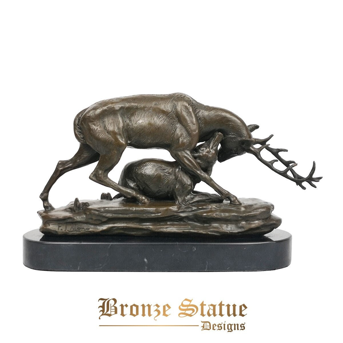Cervo de bronze derrubado por estátua de lobo estatueta de caça animais selvagens escultura arte mesa de escritório decoração presentes