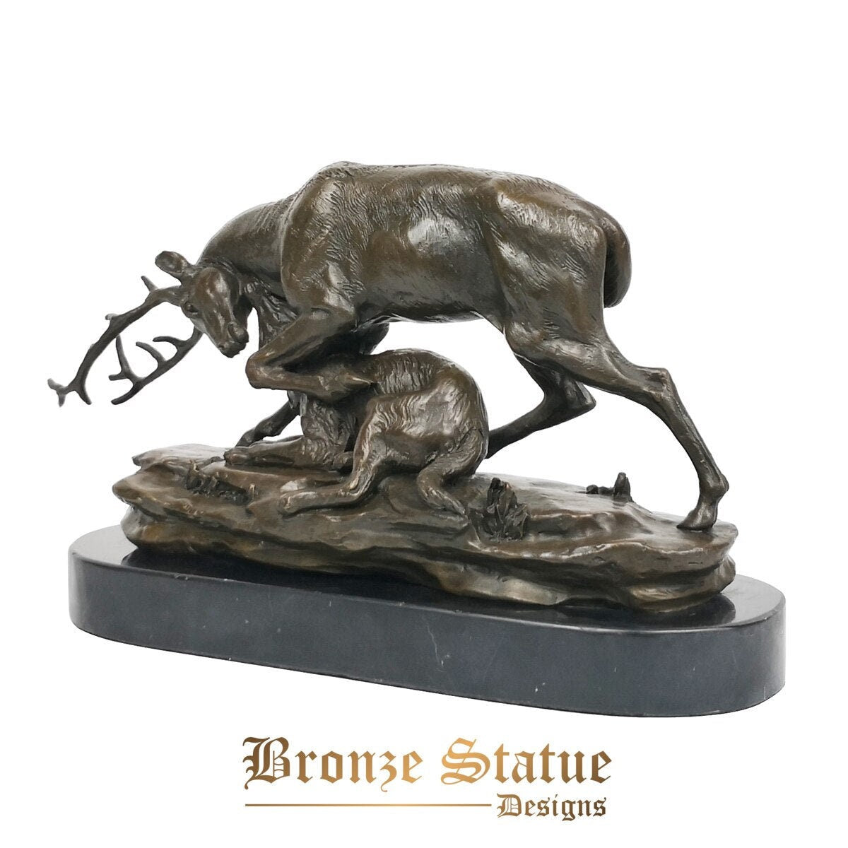 Bronze deer taken down by wolf statue figurine wildlife animal hunting sculpture art office table decor gifts