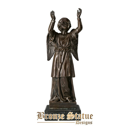 Estátua de bronze de anjo escultura requintada estatueta de menino antigo arte base de mármore superior decoração para casa presentes de natal