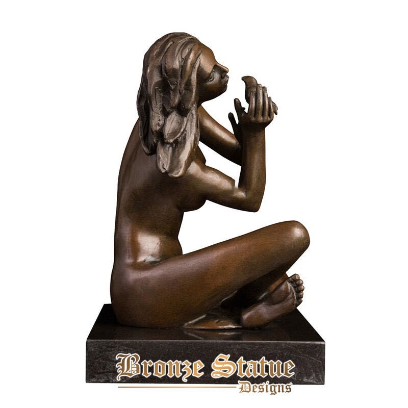 Sexy nude girl with dove sculpture bare western woman statue hope for peace vintage naked female figurine art decor