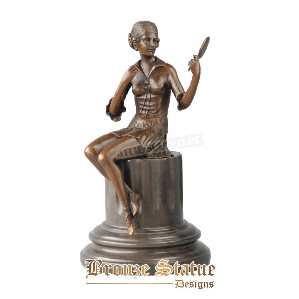 Woman looking in the mirror bronze sculpture modern female statue art marble base high-end home ornament
