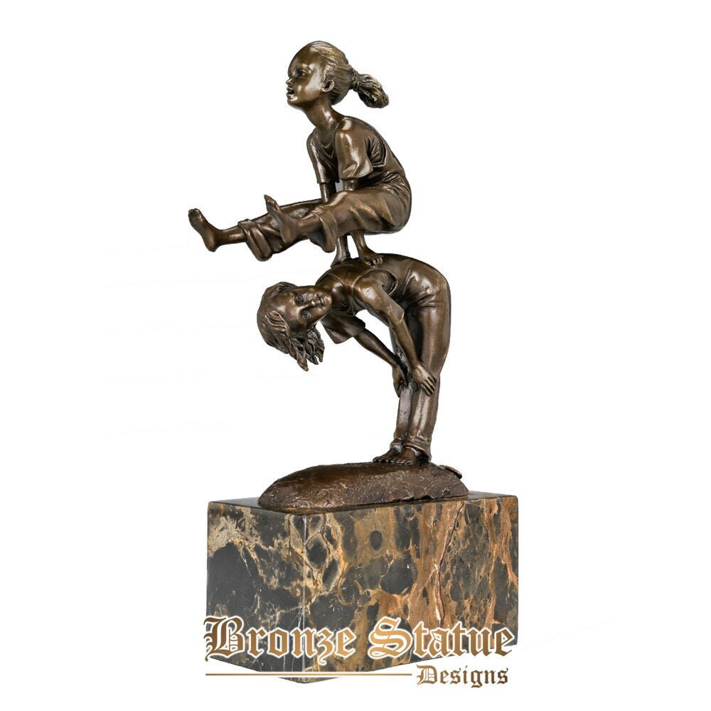 Girls playing vault bronze statue sculpture bronze sport children figurine marble base antique art for kids gifts