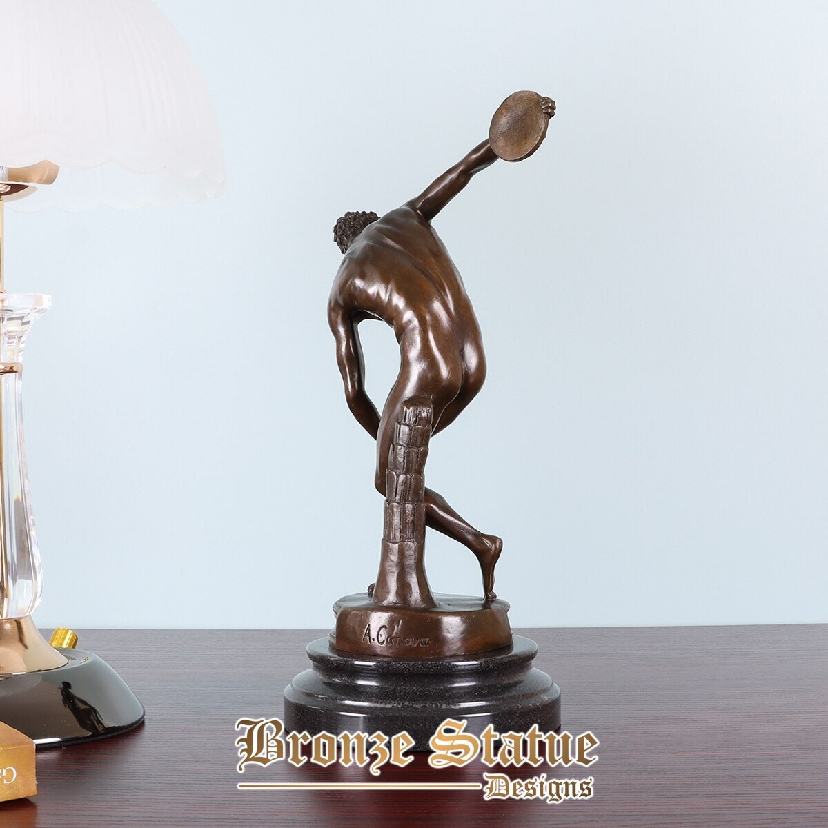 Estátua de lançador de disco de bronze clássico escultura discobolos pelo famoso grego myron réplica estatueta antiga arte decoração para casa