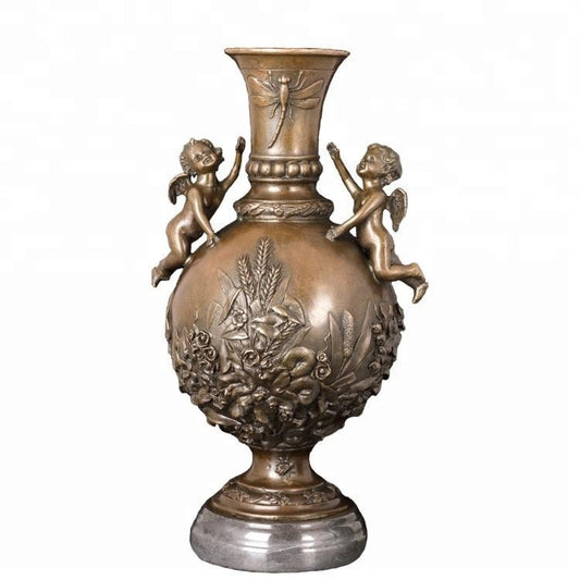 Vaso de Bronze com Dois Anjos | Escultura vaso | Anjos de Bronze