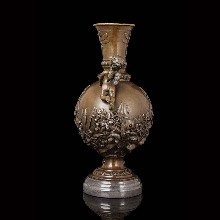 Bronze Vase with Two Angels | Vase sculpture | Bronze Angels