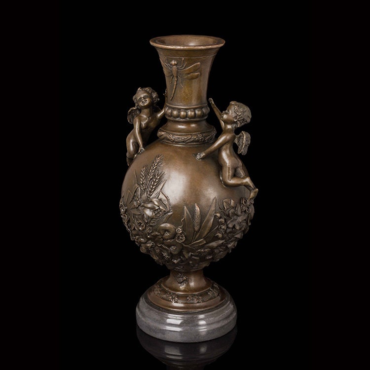 Bronze Vase with Two Angels | Vase sculpture | Bronze Angels