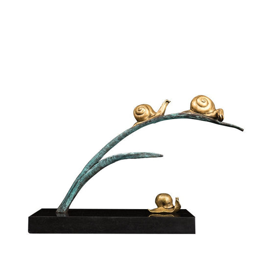 Three Snails on a Plant | Snail Bronze sculpture | Animal Statue