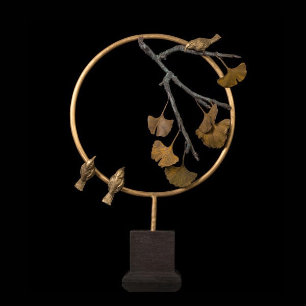 Three Birds on a Branch with Leaves | Bronze Birds | Wildlife Sculpture