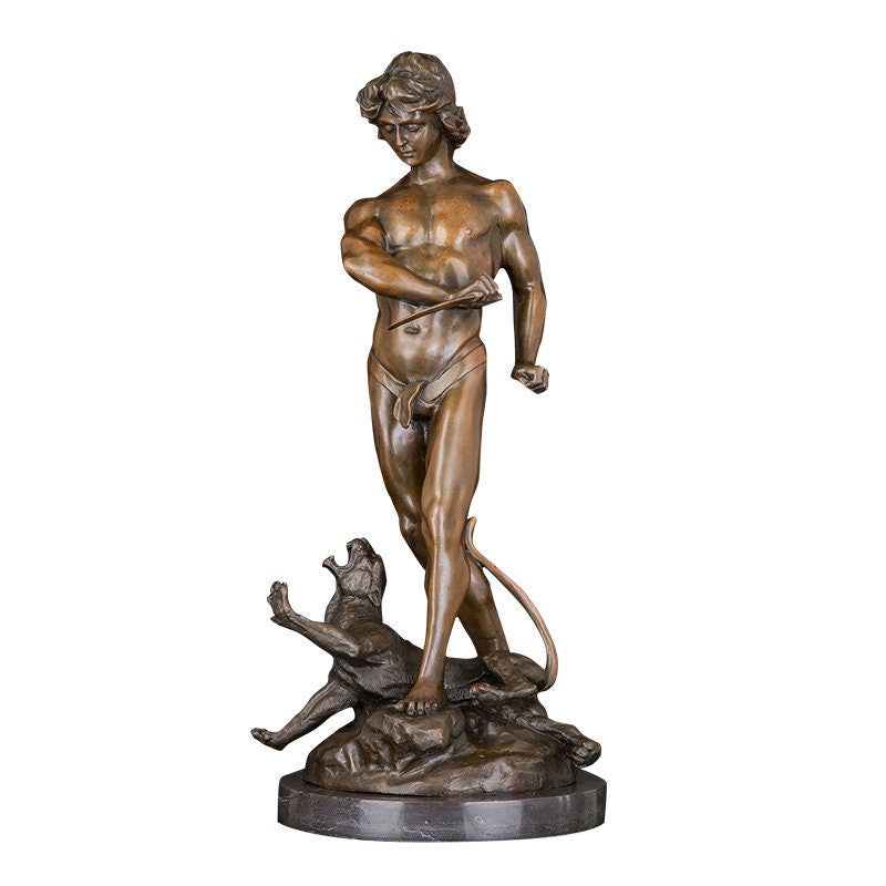 Cazador de animales macho | Antiguo guerrero de bronce | Gato Cazador Macho Cazando