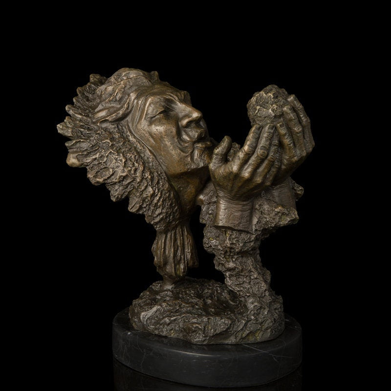 American Indian Bronze Statue | Head Bust  Sculpture