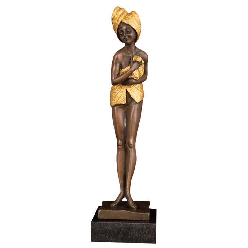 Nudo femminile in asciugamano | Bronzo con statua d'oro | Scultura di nudo