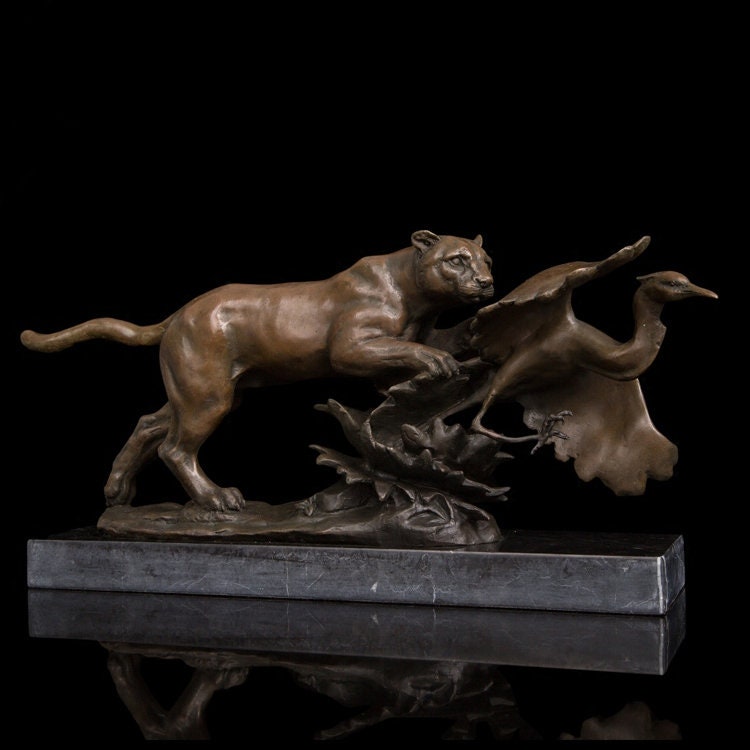 Wild Cat Hunting Bird | Panther | Cheetah | Leopard | Bronze Statue | Wildlife Sculpture