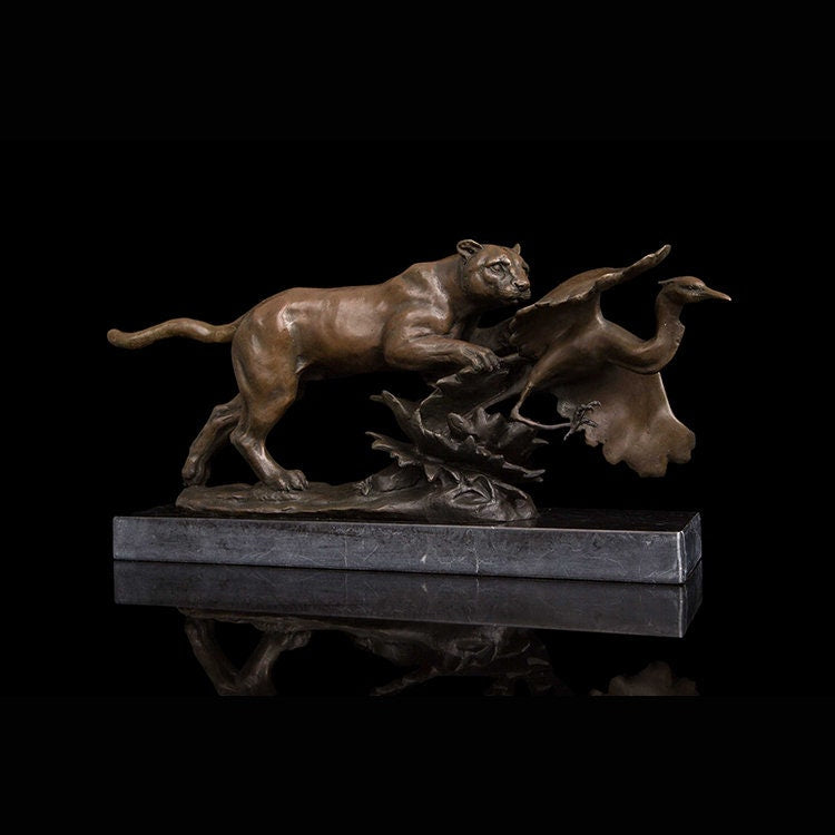 Wild Cat Hunting Bird | Panther | Cheetah | Leopard | Bronze Statue | Wildlife Sculpture