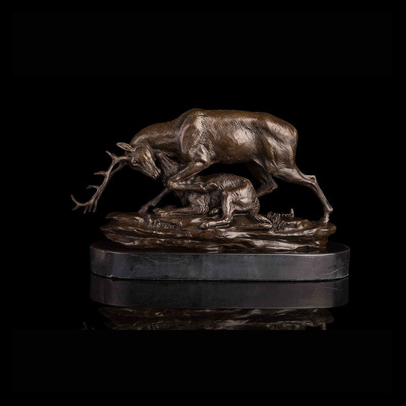 Wolf Hunting Deer | Bronze Statue | Animal Sculpture